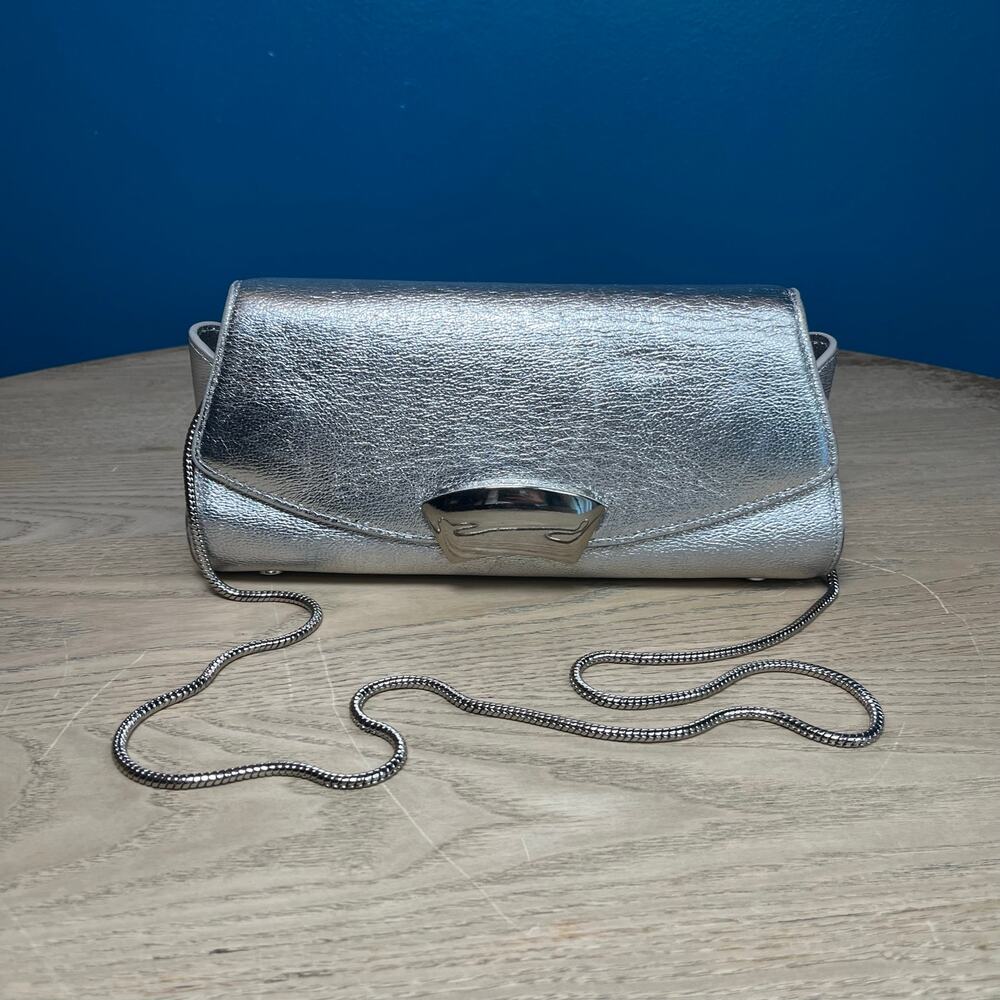 3.1 Philip Lim ID Clutch Silver Leather Chain Strap Metallic Sculptural Chic